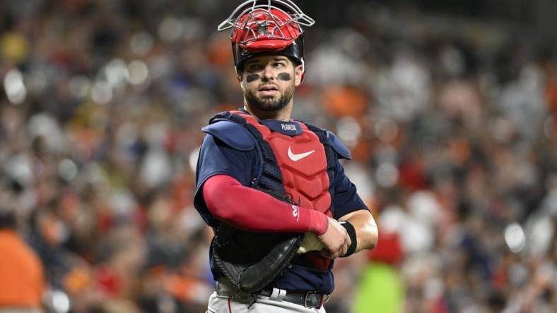 Sep 10, 2022; Baltimore, Maryland, USA;  Boston Red Sox catcher Kevin Plawecki (25) looks toward the crowd during the seventh inning against the Baltimore Orioles at Oriole Park at Camden Yards. Mandatory Credit: James A. Pittman-USA TODAY Sports