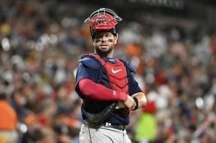 Sep 10, 2022; Baltimore, Maryland, USA;  Boston Red Sox catcher Kevin Plawecki (25) looks toward the crowd during the seventh inning against the Baltimore Orioles at Oriole Park at Camden Yards. Mandatory Credit: James A. Pittman-USA TODAY Sports