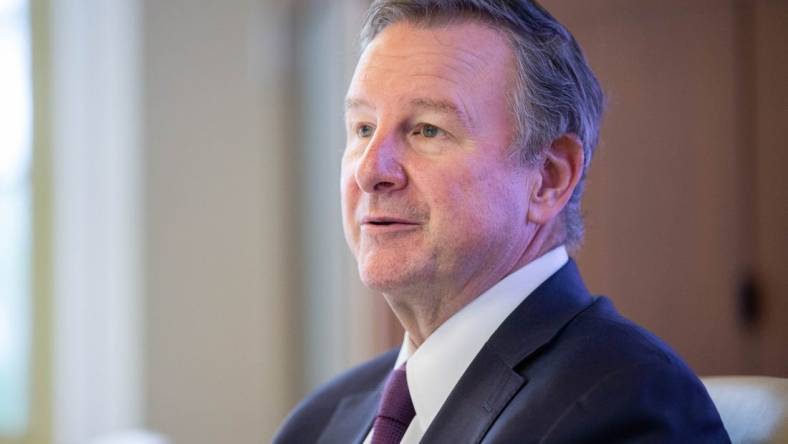 Florida State University President Richard McCullough meets with local reporters during his first day on the job at FSU's Westcott Building Monday, August 16, 2021.

Richard Mccullough First Day 081621 Ts 007