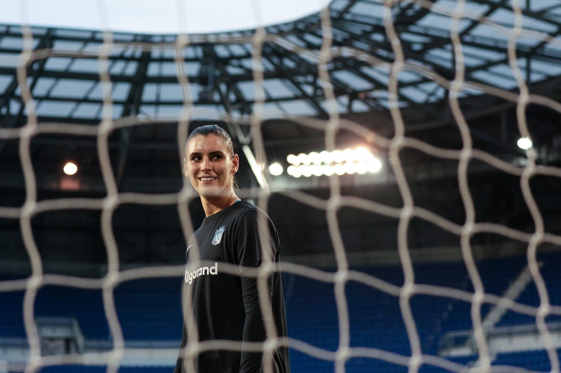 Sep 21, 2022; Harrison, New Jersey, USA; New Jersey/New York Gotham FC goalkeeper Hensley Hancuff (51) during warmups before the game against the OL Reign at Red Bull Arena. Mandatory Credit: Vincent Carchietta-USA TODAY Sports