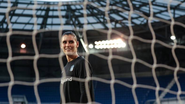 Sep 21, 2022; Harrison, New Jersey, USA; New Jersey/New York Gotham FC goalkeeper Hensley Hancuff (51) during warmups before the game against the OL Reign at Red Bull Arena. Mandatory Credit: Vincent Carchietta-USA TODAY Sports