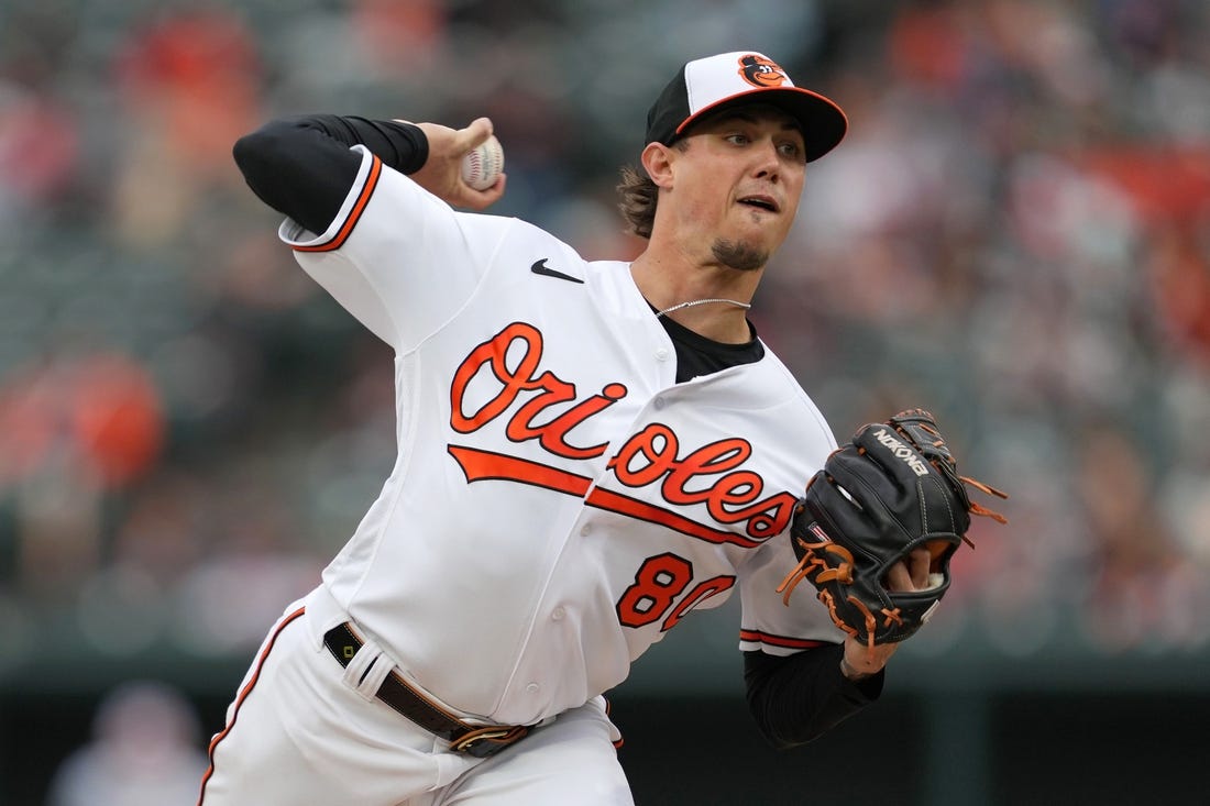 Oct 5, 2022; Baltimore, Maryland, USA; Baltimore Orioles pitcher Spenser Watkins (80) delivers in the first inning  against the Toronto Blue Jays at Oriole Park at Camden Yards. Mandatory Credit: Mitch Stringer-USA TODAY Sports