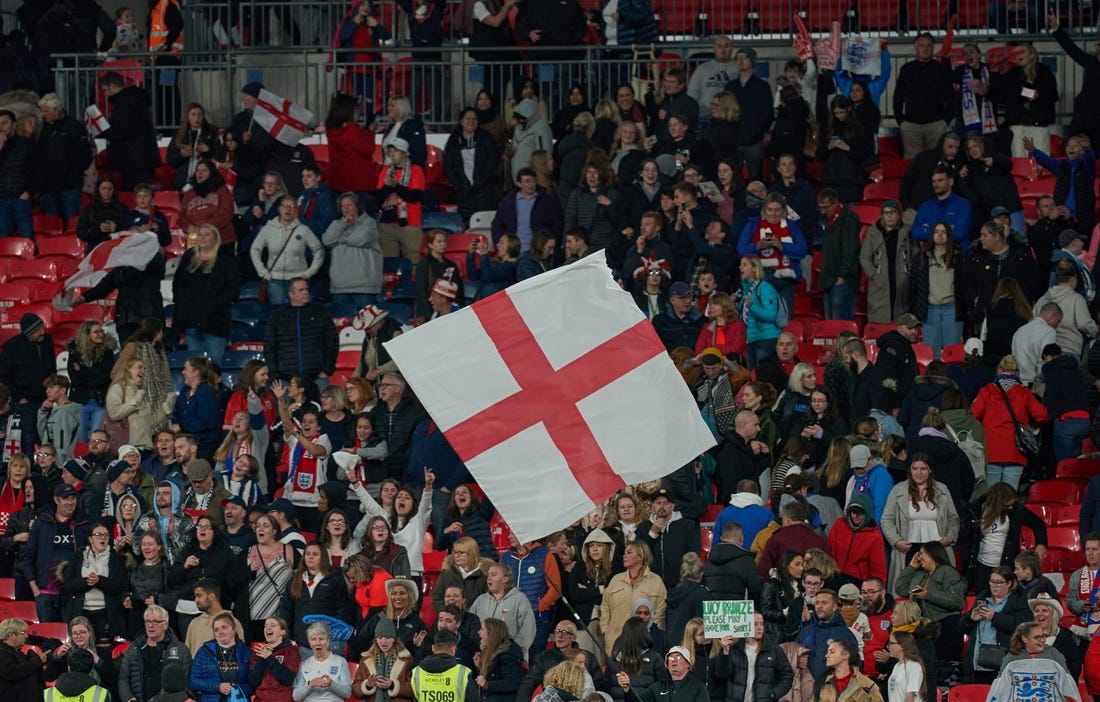 Oct 7, 2022; London, ENG; England supporters in the match between United States and England at Wembley Stadium. Mandatory Credit: Peter van den Berg-USA TODAY Sports