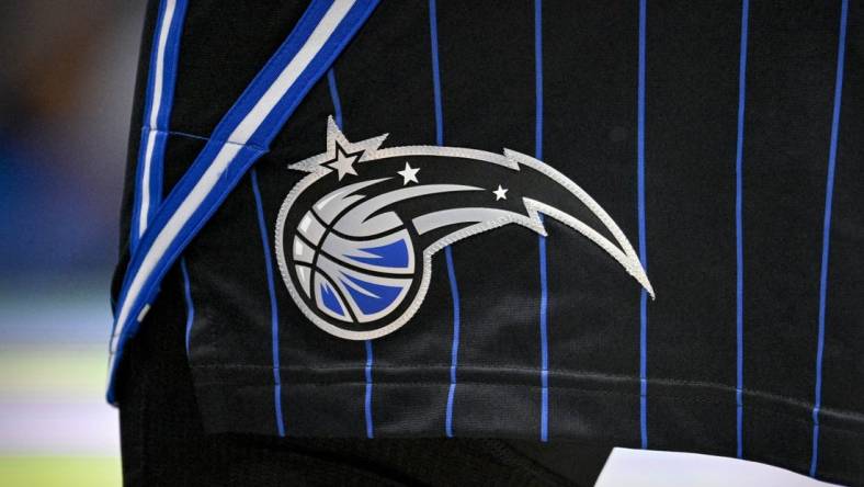 Oct 7, 2022; Dallas, Texas, USA; A view of the Orlando Magic logo during the game between the Dallas Mavericks and the Orlando Magic at the American Airlines Center. Mandatory Credit: Jerome Miron-USA TODAY Sports