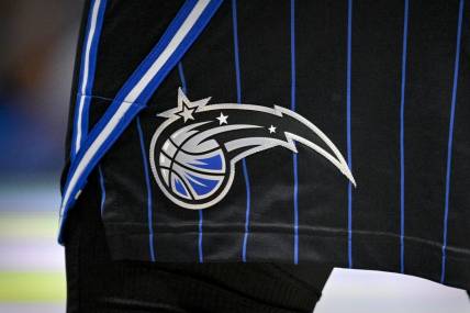 Oct 7, 2022; Dallas, Texas, USA; A view of the Orlando Magic logo during the game between the Dallas Mavericks and the Orlando Magic at the American Airlines Center. Mandatory Credit: Jerome Miron-USA TODAY Sports