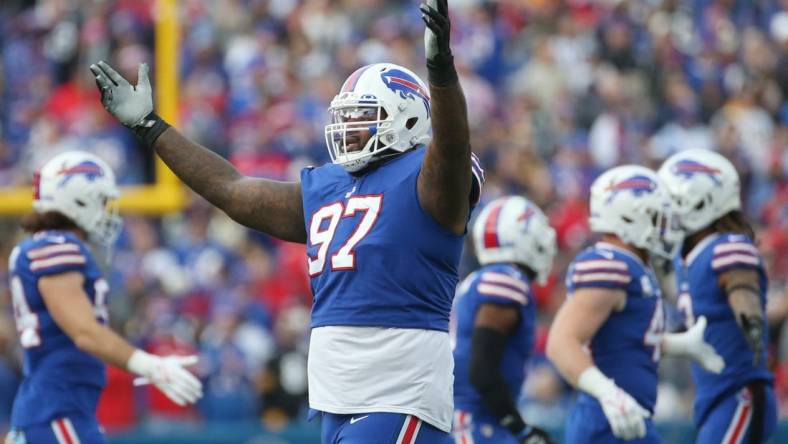 Bills defensive tackle Jordan Phillips celebrates a third down defensive stop on Pittsburgh in the first half during their game Sunday, Oct. 9, 2022 at Highmark Stadium in Orchard Park.

Sd 100922 Bills 9 Spts