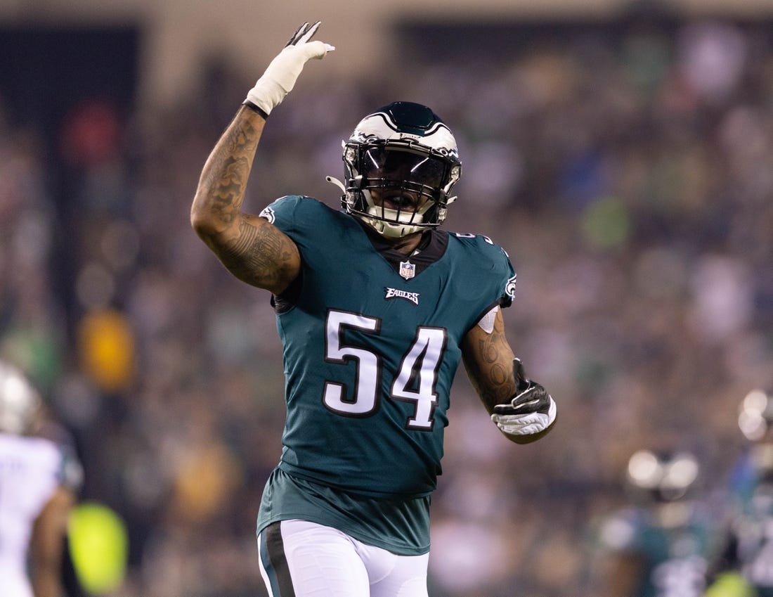 Oct 16, 2022; Philadelphia, Pennsylvania, USA; Philadelphia Eagles linebacker Shaun Bradley (54) reacts against the Dallas Cowboys during the second quarter at Lincoln Financial Field. Mandatory Credit: Bill Streicher-USA TODAY Sports