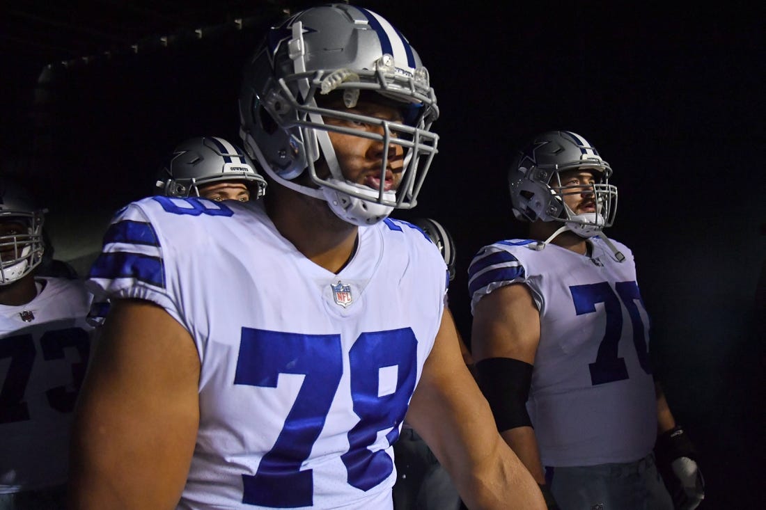 Oct 16, 2022; Philadelphia, Pennsylvania, USA; Dallas Cowboys offensive tackle Terence Steele (78) and guard Zack Martin (70) in the tunnel against the Philadelphia Eagles at Lincoln Financial Field. Mandatory Credit: Eric Hartline-USA TODAY Sports