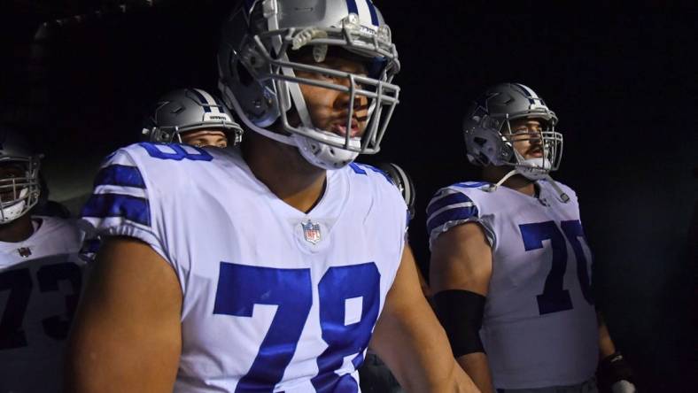 Oct 16, 2022; Philadelphia, Pennsylvania, USA; Dallas Cowboys offensive tackle Terence Steele (78) and guard Zack Martin (70) in the tunnel against the Philadelphia Eagles at Lincoln Financial Field. Mandatory Credit: Eric Hartline-USA TODAY Sports