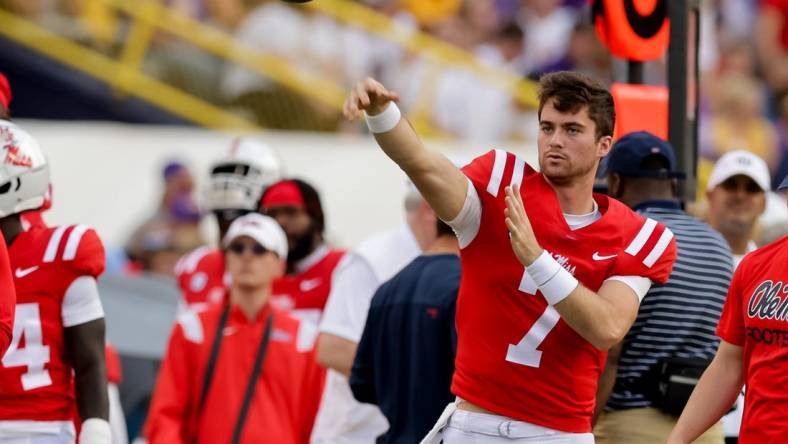 Oct 22, 2022; Baton Rouge, Louisiana, USA;  Mississippi Rebels quarterback Luke Altmyer (7) warms up on a time out again the LSU Tigers during the first half at Tiger Stadium. Mandatory Credit: Stephen Lew-USA TODAY Sports