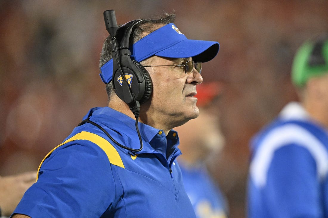 Oct 22, 2022; Louisville, Kentucky, USA;  Pittsburgh Panthers head coach Pat Narduzzi watches from the sideline during the first half against the Louisville Cardinals at Cardinal Stadium. Louisville won 24-10. Mandatory Credit: Jamie Rhodes-USA TODAY Sports