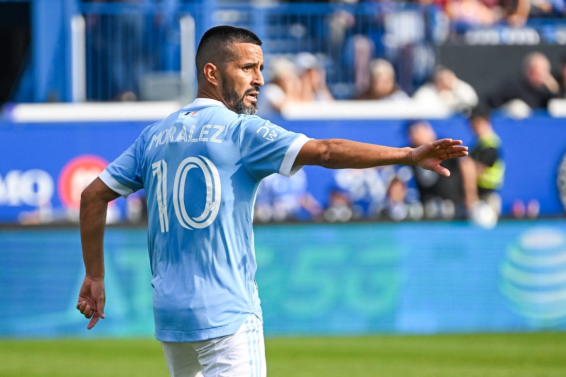 Oct 23, 2022; Montreal, Quebec, Canada; New York City FC midfielder Maxi Moralez (10) signals his teammates against CF Montreal during the first half of the conference semifinals for the Audi 2022 MLS Cup Playoffs at Stade Saputo. Mandatory Credit: David Kirouac-USA TODAY Sports