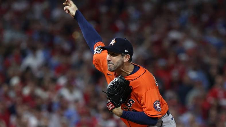 Nov 3, 2022; Philadelphia, Pennsylvania, USA; Houston Astros starting pitcher Justin Verlander (35) throws a pitch against the Philadelphia Phillies during the first inning in game five of the 2022 World Series at Citizens Bank Park. Mandatory Credit: Bill Streicher-USA TODAY Sports