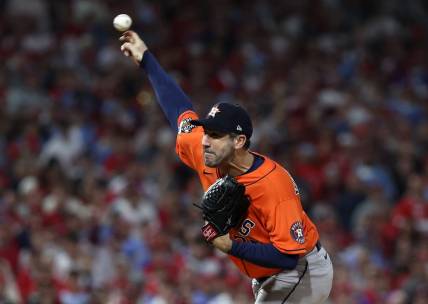 Nov 3, 2022; Philadelphia, Pennsylvania, USA; Houston Astros starting pitcher Justin Verlander (35) throws a pitch against the Philadelphia Phillies during the first inning in game five of the 2022 World Series at Citizens Bank Park. Mandatory Credit: Bill Streicher-USA TODAY Sports