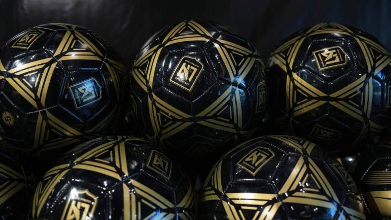 Nov 1, 2022; Los Angeles, California, USA; Los Angeles FC logo soccer balls at the LAFC HQ store at Banc of California Stadium. Mandatory Credit: Kirby Lee-USA TODAY Sports