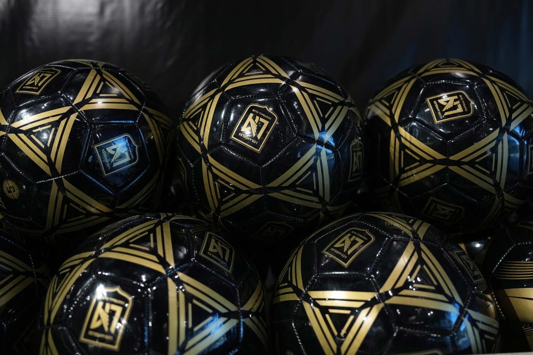 Nov 1, 2022; Los Angeles, California, USA; Los Angeles FC logo soccer balls at the LAFC HQ store at Banc of California Stadium. Mandatory Credit: Kirby Lee-USA TODAY Sports