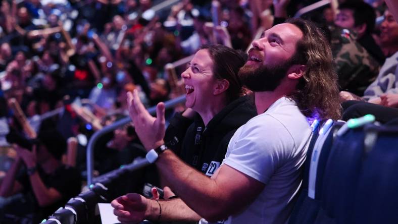 Nov 5, 2022; San Francisco, California, USA; Fans react during the League of Legends World Championships between T1 and DRX at Chase Center. Mandatory Credit: Kelley L Cox-USA TODAY Sports