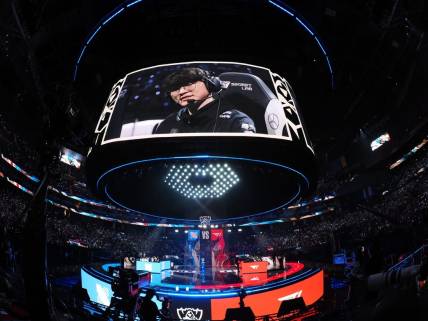 Nov 5, 2022; San Francisco, California, USA; T1 mid laner Sang-hyeok "Faker" Lee during the League of Legends World Championships at Chase Center. Mandatory Credit: Kelley L Cox-USA TODAY Sports