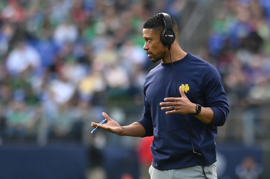 Notre Dame Fighting Irish head coach Marcus Freeman  during the second half against the Navy Midshipmen at M&T Bank Stadium. Mandatory Credit: Tommy Gilligan-USA TODAY Sports