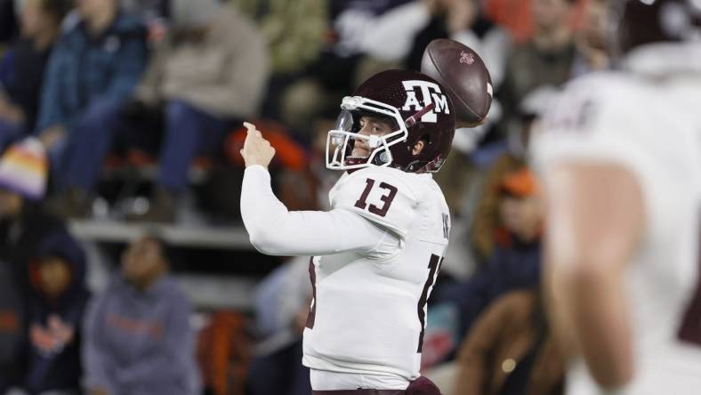 Nov 12, 2022; Auburn, Alabama, USA;  Texas A&M Aggies quarterback Haynes King (13) warms up before the game against the Auburn Tigers at Jordan-Hare stadium. Mandatory Credit: John Reed-USA TODAY Sports