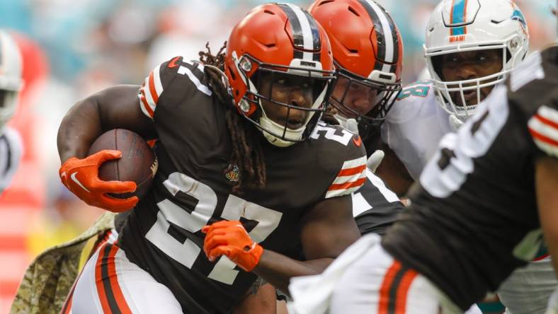 Nov 13, 2022; Miami Gardens, Florida, USA; Cleveland Browns running back Kareem Hunt (27) runs with the football during the second quarter against the Miami Dolphins at Hard Rock Stadium. Mandatory Credit: Sam Navarro-USA TODAY Sports