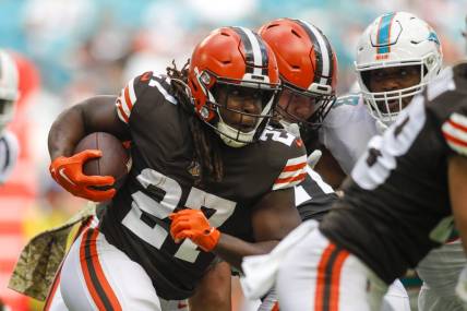 Nov 13, 2022; Miami Gardens, Florida, USA; Cleveland Browns running back Kareem Hunt (27) runs with the football during the second quarter against the Miami Dolphins at Hard Rock Stadium. Mandatory Credit: Sam Navarro-USA TODAY Sports