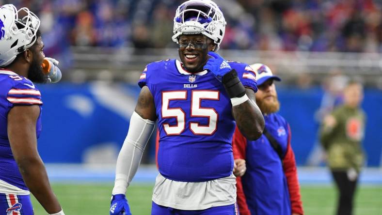 Nov 20, 2022; Detroit, Michigan, USA;  Buffalo Bills defensive end Boogie Basham (55) during pre-game warmups before their game against the Cleveland Browns at Ford Field. Mandatory Credit: Lon Horwedel-USA TODAY Sports