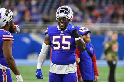 Nov 20, 2022; Detroit, Michigan, USA;  Buffalo Bills defensive end Boogie Basham (55) during pre-game warmups before their game against the Cleveland Browns at Ford Field. Mandatory Credit: Lon Horwedel-USA TODAY Sports
