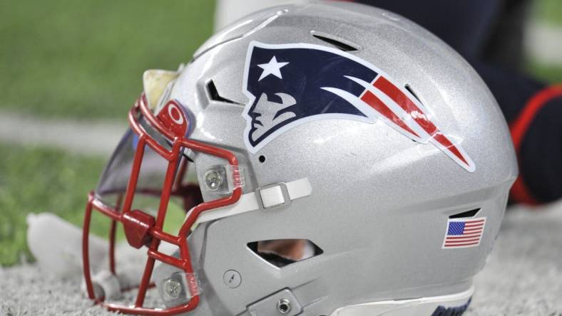 Nov 24, 2022; Minneapolis, Minnesota, USA; A New England Patriots helmet sits idle before the game between the Minnesota Vikings and the Patriots at U.S. Bank Stadium. Mandatory Credit: Jeffrey Becker-USA TODAY Sports