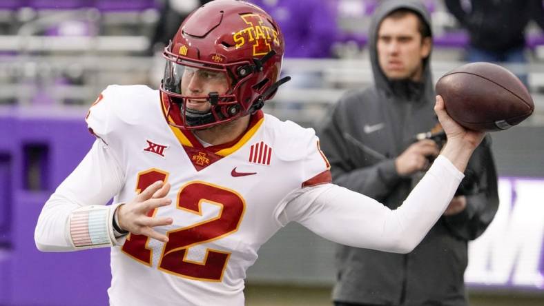 Nov 26, 2022; Fort Worth, Texas, USA; Iowa State Cyclones quarterback Hunter Dekkers (12) warms up prior to a game against the TCU Horned Frogs at Amon G. Carter Stadium. Mandatory Credit: Raymond Carlin III-USA TODAY Sports