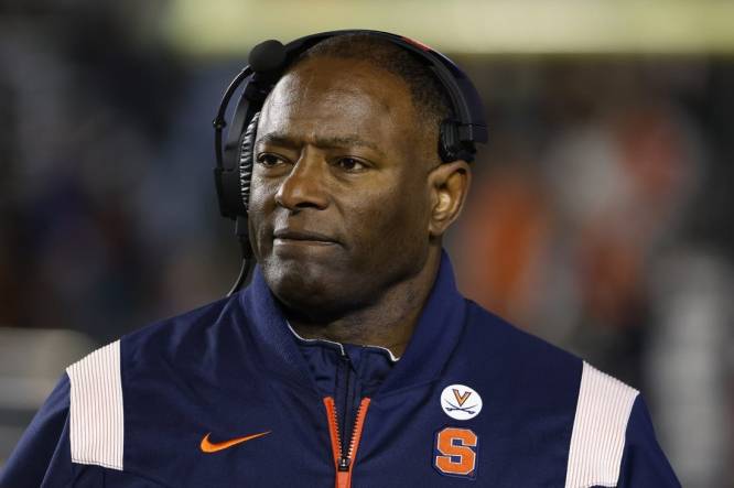 Nov 26, 2022; Chestnut Hill, Massachusetts, USA; Syracuse Orange head coach Dino Babers looks on during the second half against the Boston College Eagles at Alumni Stadium. Mandatory Credit: Winslow Townson-USA TODAY Sports