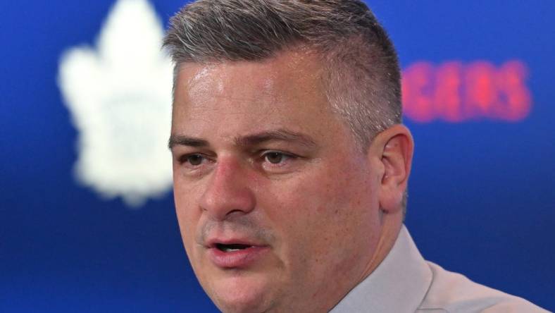 Dec 13, 2022; Toronto, Ontario, CAN;  Toronto Maple Leafs head coach Sheldon Keefe speaks to the media after a win over the Anaheim Ducks at Scotiabank Arena. Mandatory Credit: Dan Hamilton-USA TODAY Sports