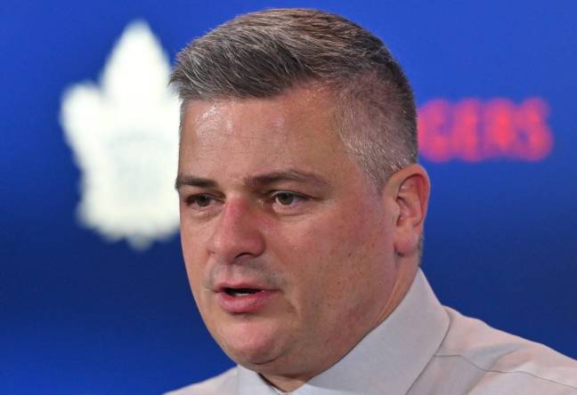 Dec 13, 2022; Toronto, Ontario, CAN;  Toronto Maple Leafs head coach Sheldon Keefe speaks to the media after a win over the Anaheim Ducks at Scotiabank Arena. Mandatory Credit: Dan Hamilton-USA TODAY Sports