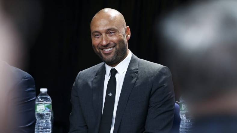 Dec 21, 2022; Bronx, New York, USA; Derek Jeter reacts during a press conference at Yankee Stadium. Mandatory Credit: Jessica Alcheh-USA TODAY Sports