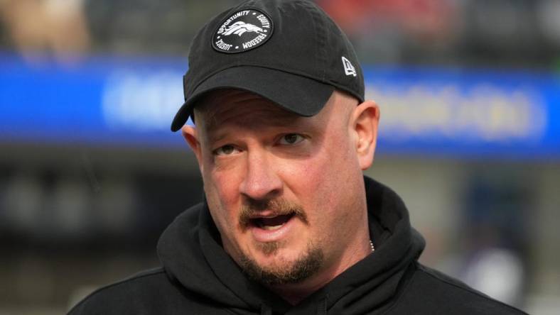 Dec 25, 2022; Inglewood, California, USA; Denver Broncos head coach Nathaniel Hackett reacts in the first half against the Los Angeles Rams at SoFi Stadium. Mandatory Credit: Kirby Lee-USA TODAY Sports