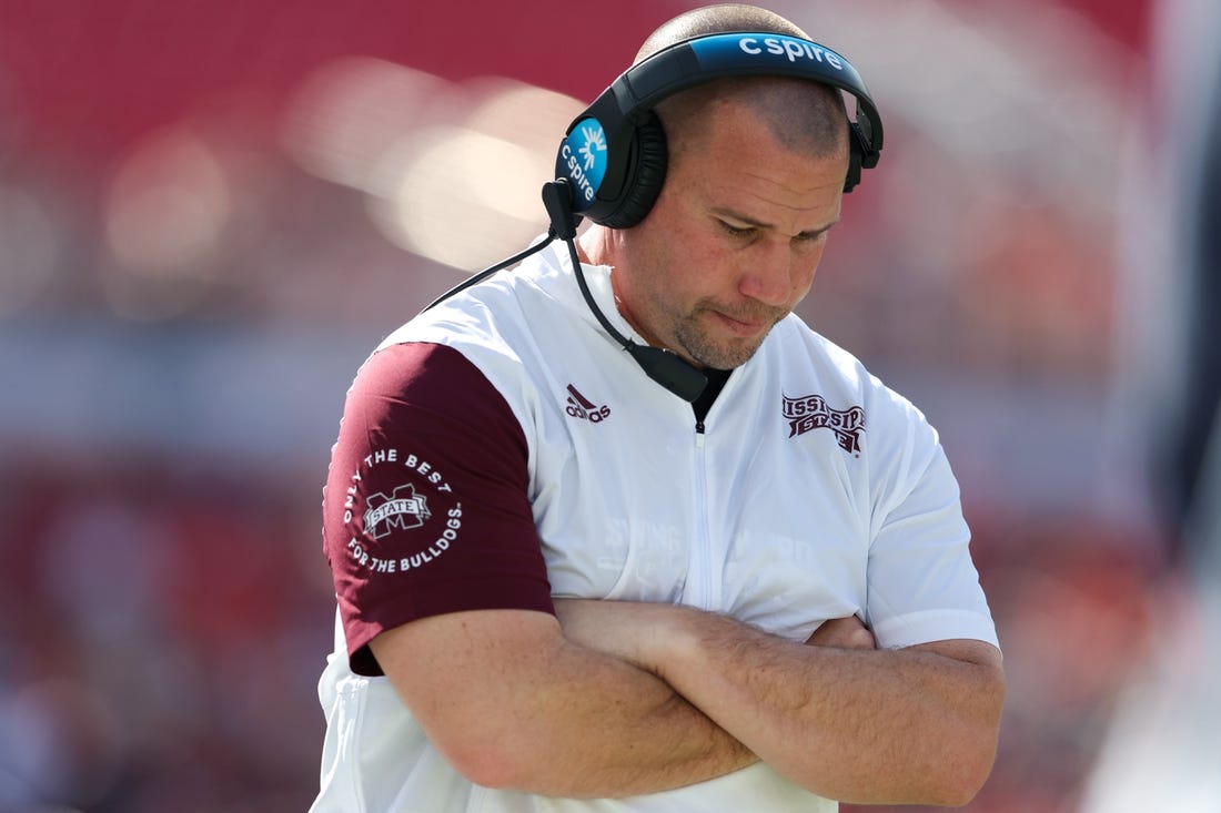 Jan 2, 2023; Tampa, FL, USA; Mississippi State Bulldogs head coach Zach Arnett looks on from the sidelines during the 2023 ReliaQuest Bowl against the Illinois Fighting Illini in the first quarter at Raymond James Stadium. Mandatory Credit: Nathan Ray Seebeck-USA TODAY Sports