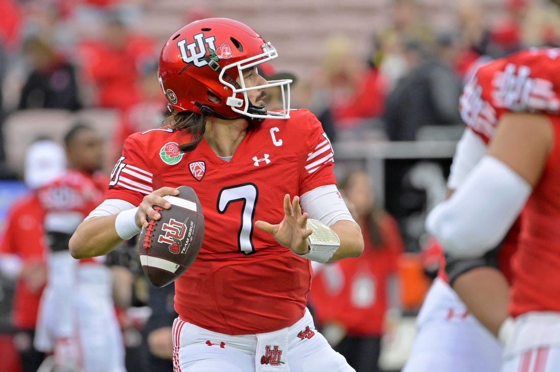 Jan 2, 2023; Pasadena, California, USA; Utah Utes quarterback Cameron Rising (7) warms up before the game between the Utah Utes and the Penn State Nittany Lions at Rose Bowl. Mandatory Credit: Jayne Kamin-Oncea-USA TODAY Sports