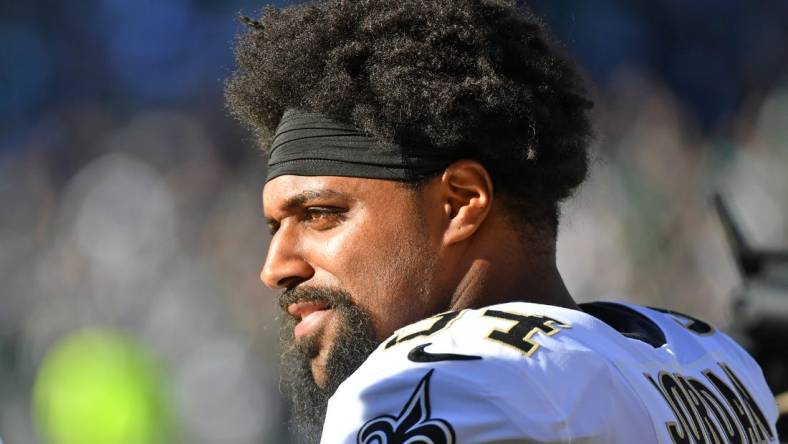 Jan 1, 2023; Philadelphia, Pennsylvania, USA; New Orleans Saints defensive end Cam Jordan (94) stands on the sidelines against the Philadelphia Eagles at Lincoln Financial Field. Mandatory Credit: Eric Hartline-USA TODAY Sports