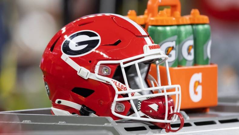 Jan 9, 2023; Inglewood, CA, USA; Detailed view of a Georgia Bulldogs helmet during the CFP national championship game at SoFi Stadium. Mandatory Credit: Mark J. Rebilas-USA TODAY Sports