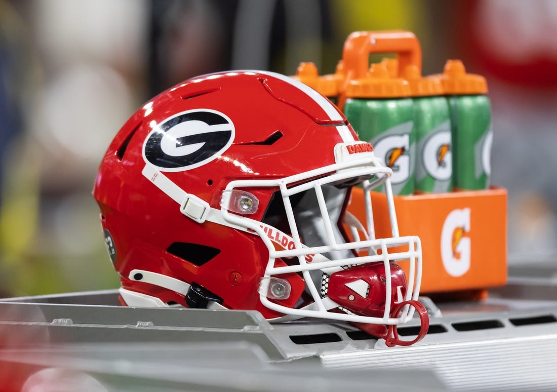 Jan 9, 2023; Inglewood, CA, USA; Detailed view of a Georgia Bulldogs helmet during the CFP national championship game at SoFi Stadium. Mandatory Credit: Mark J. Rebilas-USA TODAY Sports