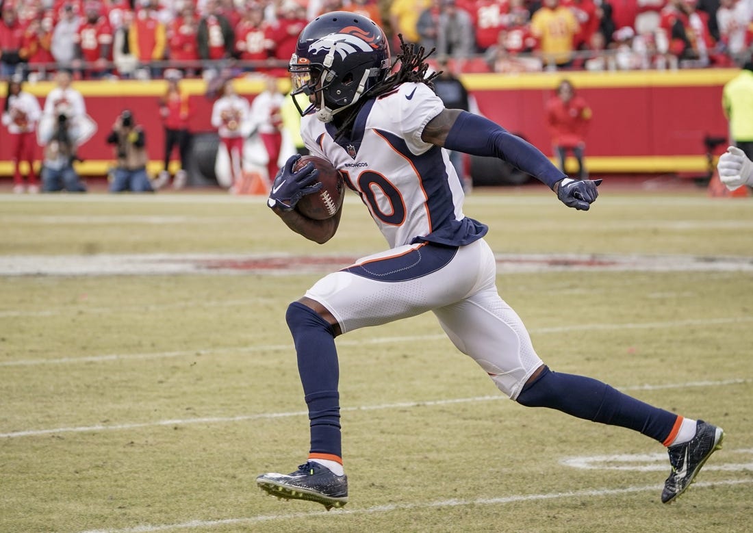 Jan 1, 2023; Kansas City, Missouri, USA; Denver Broncos wide receiver Jerry Jeudy (10) runs the ball against the Kansas City Chiefs during a game at GEHA Field at Arrowhead Stadium. Mandatory Credit: Denny Medley-USA TODAY Sports