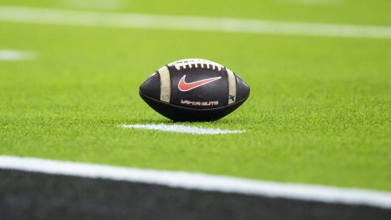 Jan 9, 2023; Inglewood, CA, USA; Detailed view of a Nike football on the field during the Georgia Bulldogs game against the TCU Horned Frogs during the CFP national championship game at SoFi Stadium. Mandatory Credit: Mark J. Rebilas-USA TODAY Sports