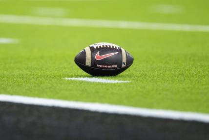 Jan 9, 2023; Inglewood, CA, USA; Detailed view of a Nike football on the field during the Georgia Bulldogs game against the TCU Horned Frogs during the CFP national championship game at SoFi Stadium. Mandatory Credit: Mark J. Rebilas-USA TODAY Sports