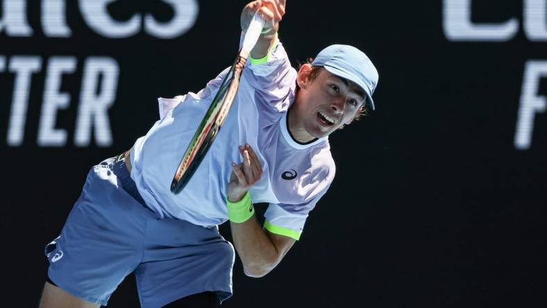 Jan 21, 2023; Melbourne, VICTORIA, Australia; Alex de Minaur from Australia during his third round match against Benjamin Bonzi from France on day six of the 2023 Australian Open tennis tournament at Melbourne Park. Mandatory Credit: Mike Frey-USA TODAY Sports