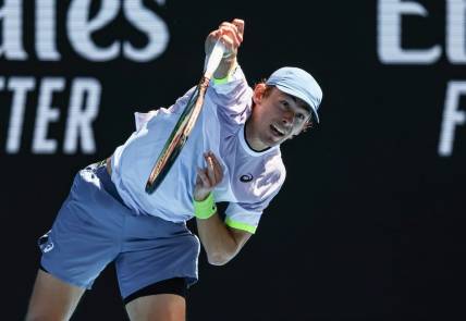 Jan 21, 2023; Melbourne, VICTORIA, Australia; Alex de Minaur from Australia during his third round match against Benjamin Bonzi from France on day six of the 2023 Australian Open tennis tournament at Melbourne Park. Mandatory Credit: Mike Frey-USA TODAY Sports