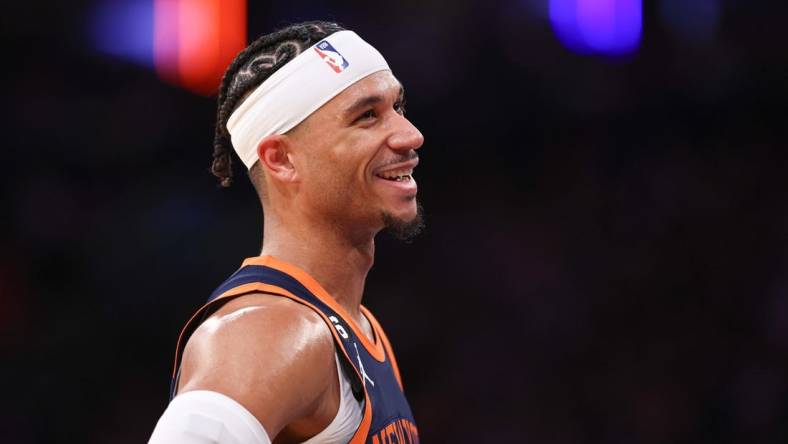 Feb 11, 2023; New York, New York, USA; New York Knicks guard Josh Hart (3) reacts during the second half against the Utah Jazz at Madison Square Garden. Mandatory Credit: Vincent Carchietta-USA TODAY Sports