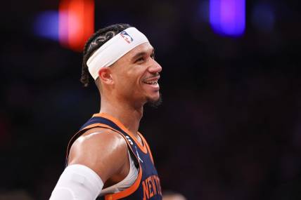 Feb 11, 2023; New York, New York, USA; New York Knicks guard Josh Hart (3) reacts during the second half against the Utah Jazz at Madison Square Garden. Mandatory Credit: Vincent Carchietta-USA TODAY Sports