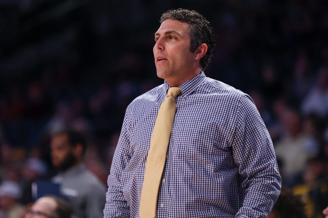 Feb 15, 2023; Atlanta, Georgia, USA; Georgia Tech Yellow Jackets head coach Josh Pastner on the sideline against the Virginia Tech Hokies in the first half at McCamish Pavilion. Mandatory Credit: Brett Davis-USA TODAY Sports