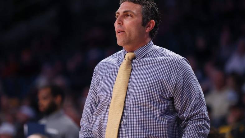 Feb 15, 2023; Atlanta, Georgia, USA; Georgia Tech Yellow Jackets head coach Josh Pastner on the sideline against the Virginia Tech Hokies in the first half at McCamish Pavilion. Mandatory Credit: Brett Davis-USA TODAY Sports