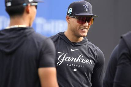 Feb 24, 2023; Tampa, FL, USA; New York Yankees center fielder Everson Pereira (93) warms up before spring training practice at Steinbrenner Field in Tampa, Florida. Mandatory Credit: Dave Nelson-USA TODAY Sports